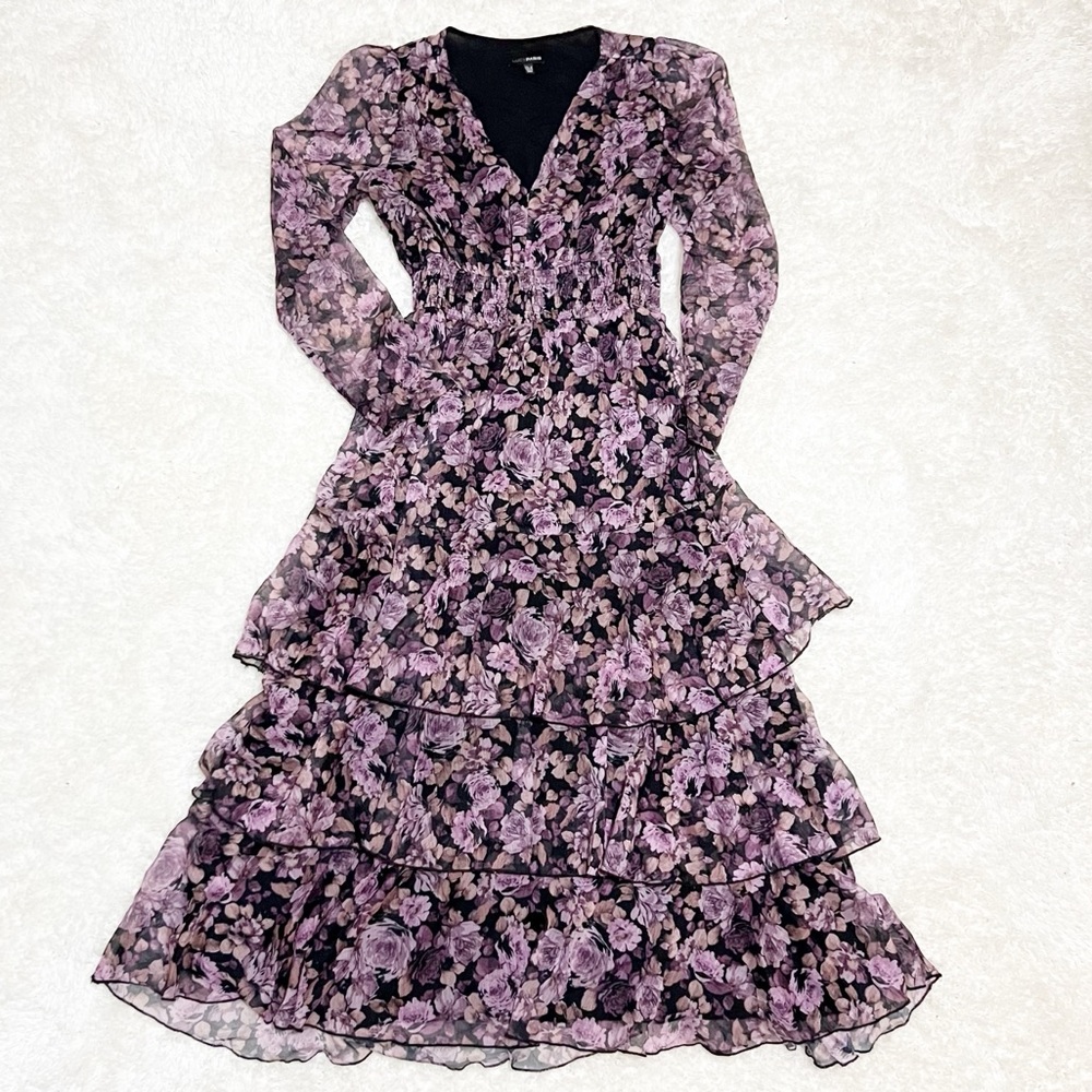 Lucy Paris Bristol Maxi Dress Purple Dark Floral V-neck Tiered Ruffled - Picture 5 of 15
